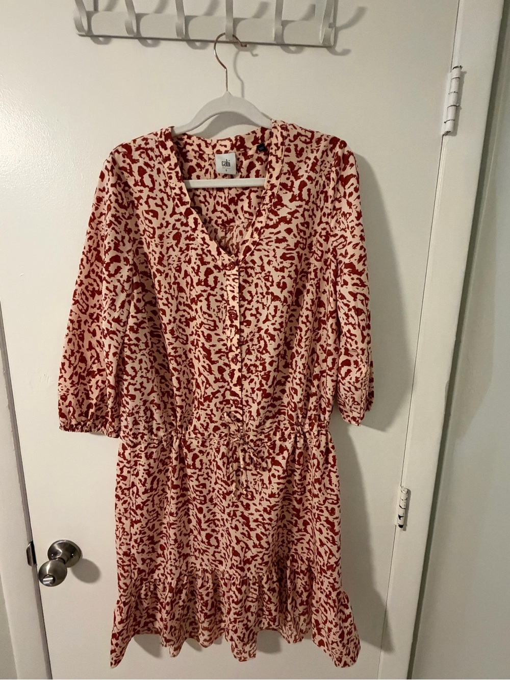 CAbi Cream and Red Print V-Neck Midi Dress